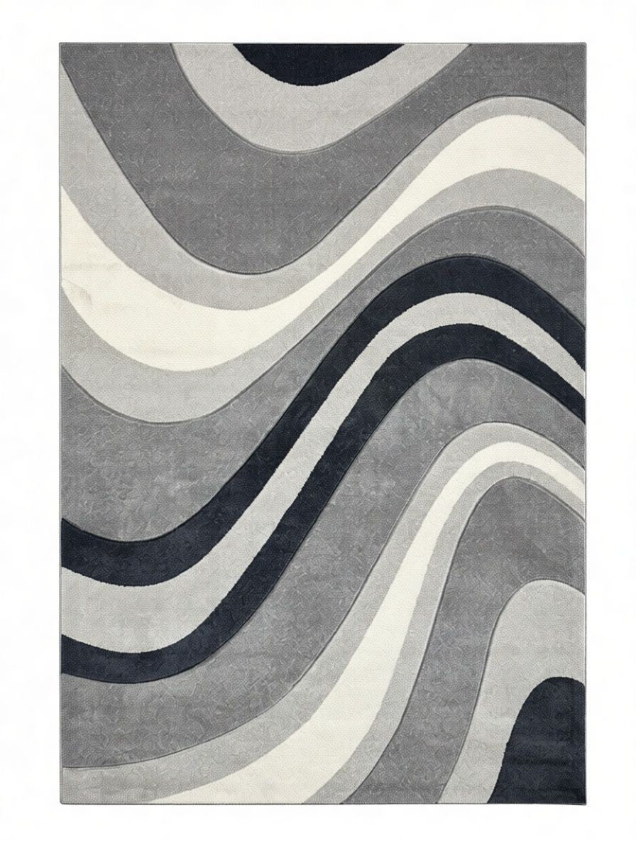 CarpetlyHome szürke, fehér és sötétkék hullámos geometriai mintás modern szőnyeg, 100% polipropilén, 12 mm szálhossz.