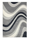 CarpetlyHome szürke, fehér és sötétkék hullámos geometriai mintás modern szőnyeg, 100% polipropilén, 12 mm szálhossz.
