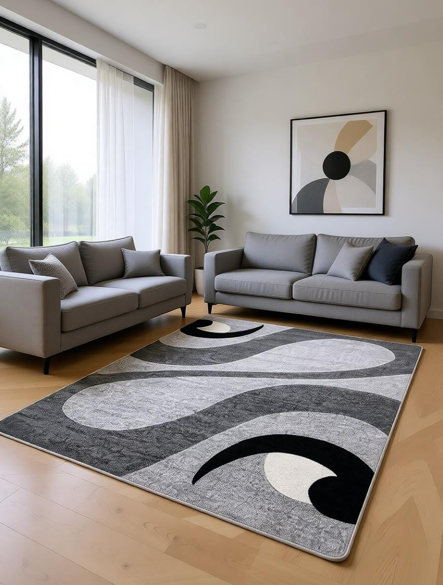 CarpetlyHome modern szürke, fekete és fehér geometriai mintás polipropilén szőnyeg, 12 mm szálhossz.
