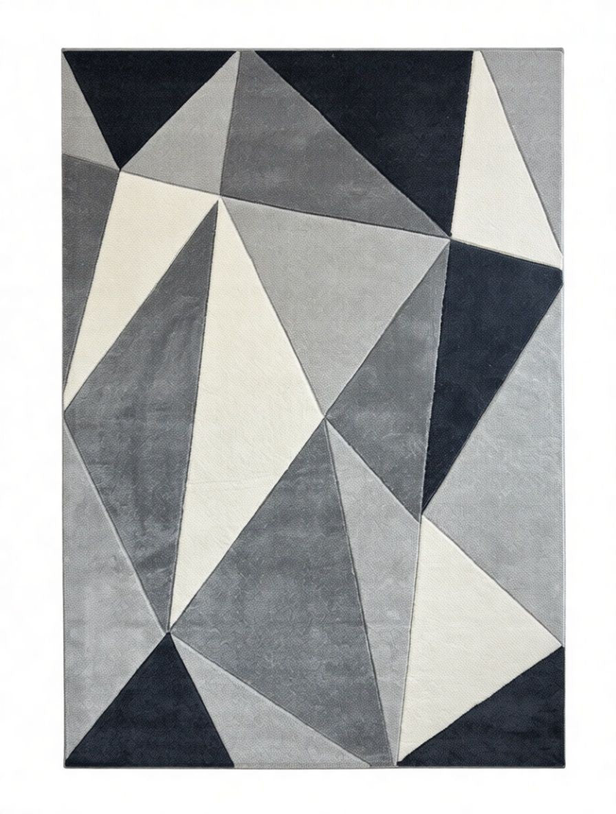 CarpetlyHome szürke, fehér és sötétkék geometrikus mintás modern szőnyeg, 100% polipropilén, 12 mm szálhossz.