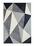 CarpetlyHome szürke, fehér és sötétkék geometrikus mintás modern szőnyeg, 100% polipropilén, 12 mm szálhossz.