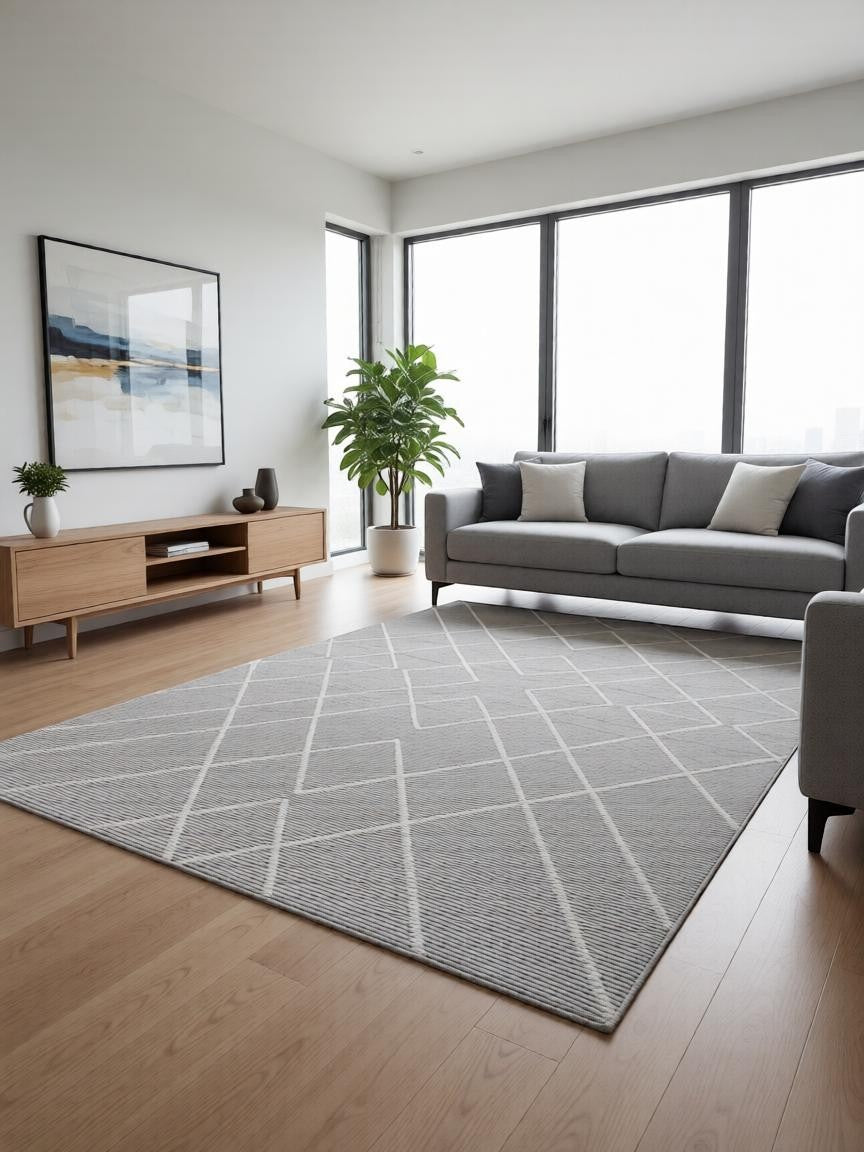 CarpetlyHome szürke, geometrikus mintás modern szőnyeg, 100% polipropilén, 12 mm szálhossz.
