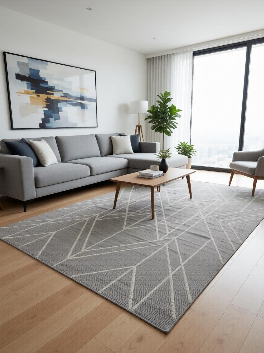 CarpetlyHome szürke, modern, geometrikus mintás szőnyeg, 100% polipropilén, 12 mm szálhossz.