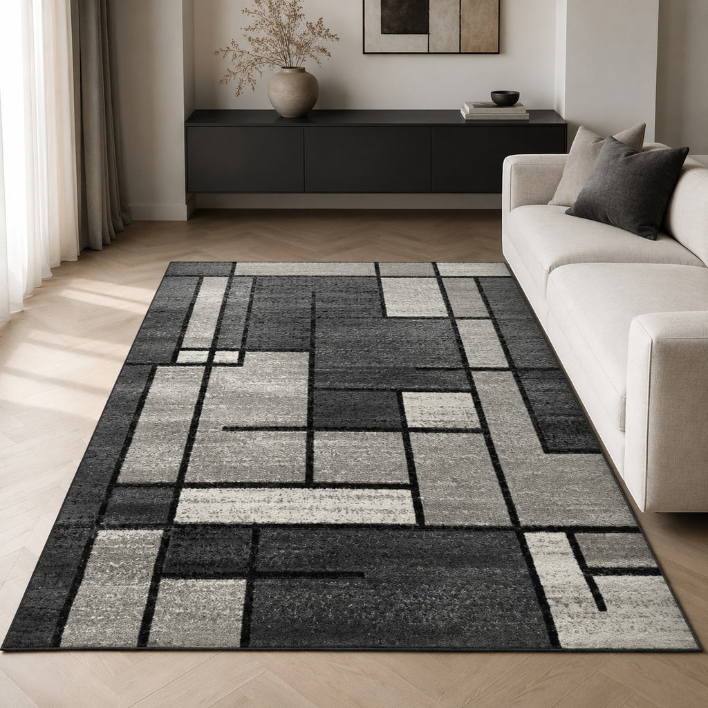 CarpetlyHome szürke geometrikus mintás modern szőnyeg, 100% polipropilén, 10 mm szálhossz.