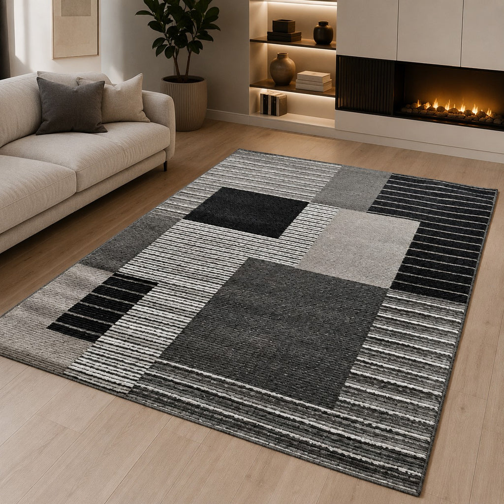 CarpetlyHome szürke geometrikus mintás modern szőnyeg, 100% polipropilén, 10 mm szálhossz.