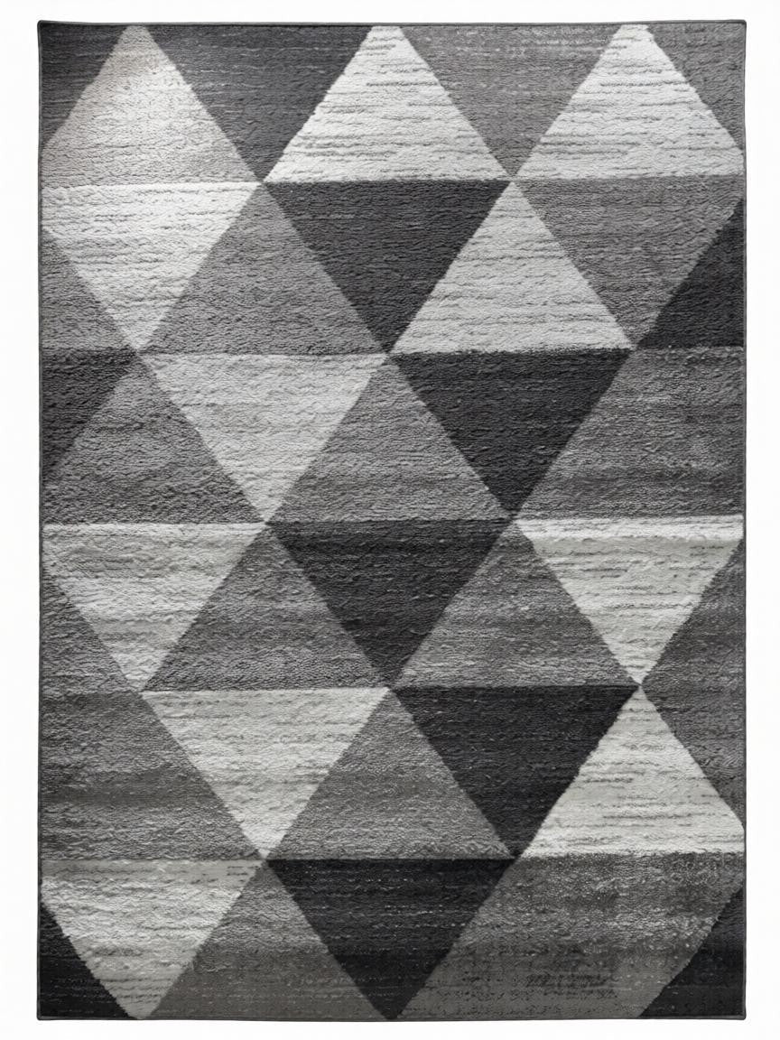 CarpetlyHome szürke háromszög mintás modern szőnyeg, 100% polipropilén, 10 mm szálhossz, padlófűtéshez is alkalmas.