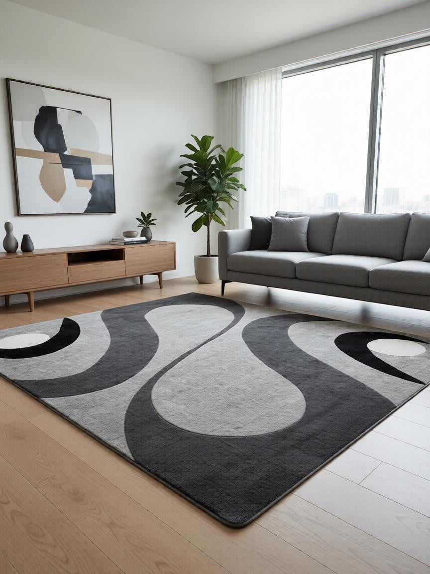 CarpetlyHome szürke hullám mintás modern szőnyeg, 100% polipropilén, 12mm szálhossz, padlófűtéshez is alkalmas.