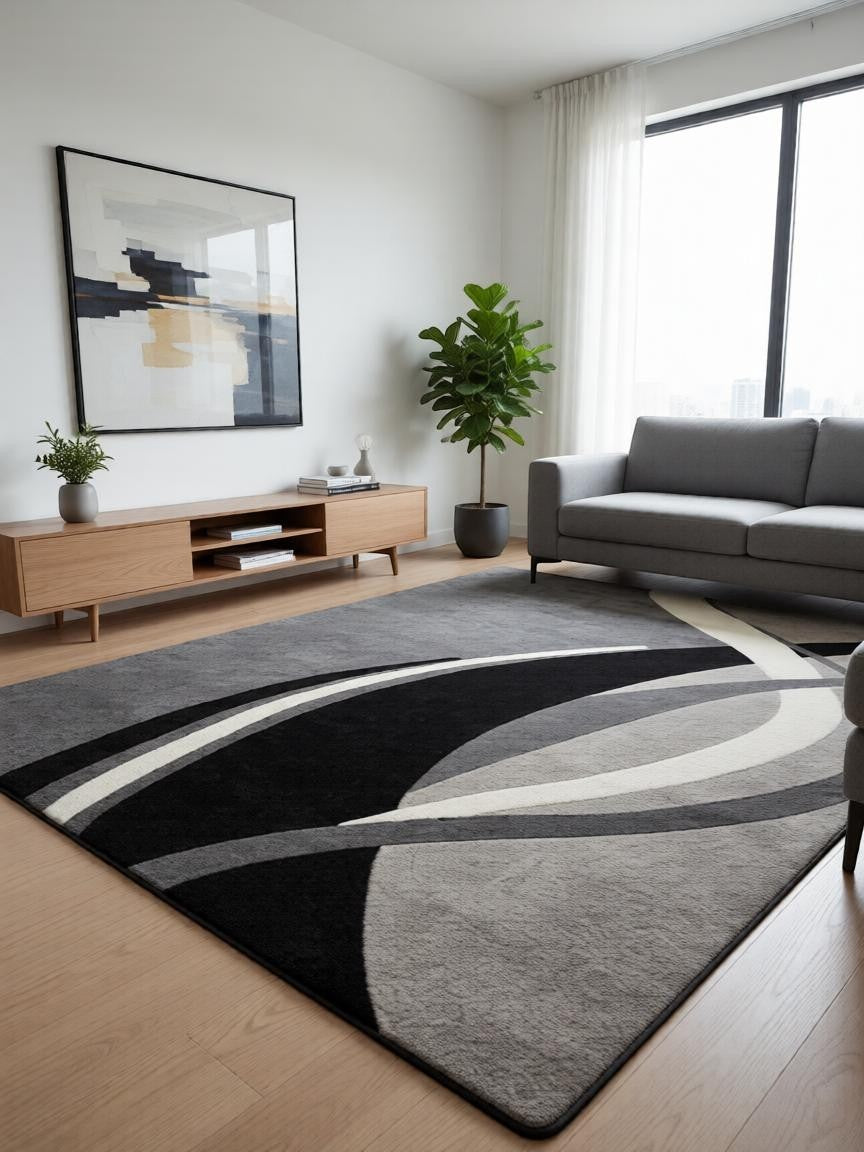 CarpetlyHome szürke hullám mintás modern szőnyeg, 100% polipropilén, 12 mm szálhossz, padlófűtéshez is alkalmas.