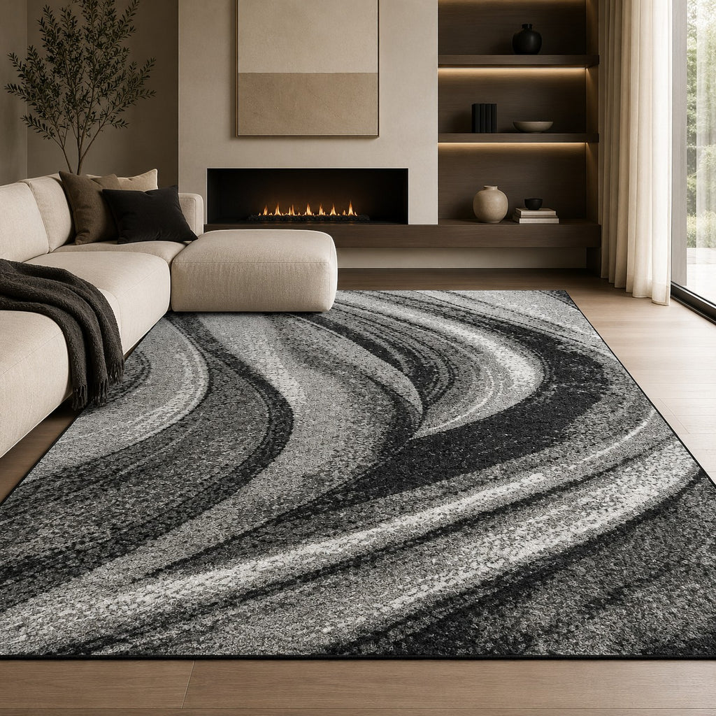 CarpetlyHome szürke hullám mintás modern szőnyeg, 100% polipropilén, 10mm szálhossz.