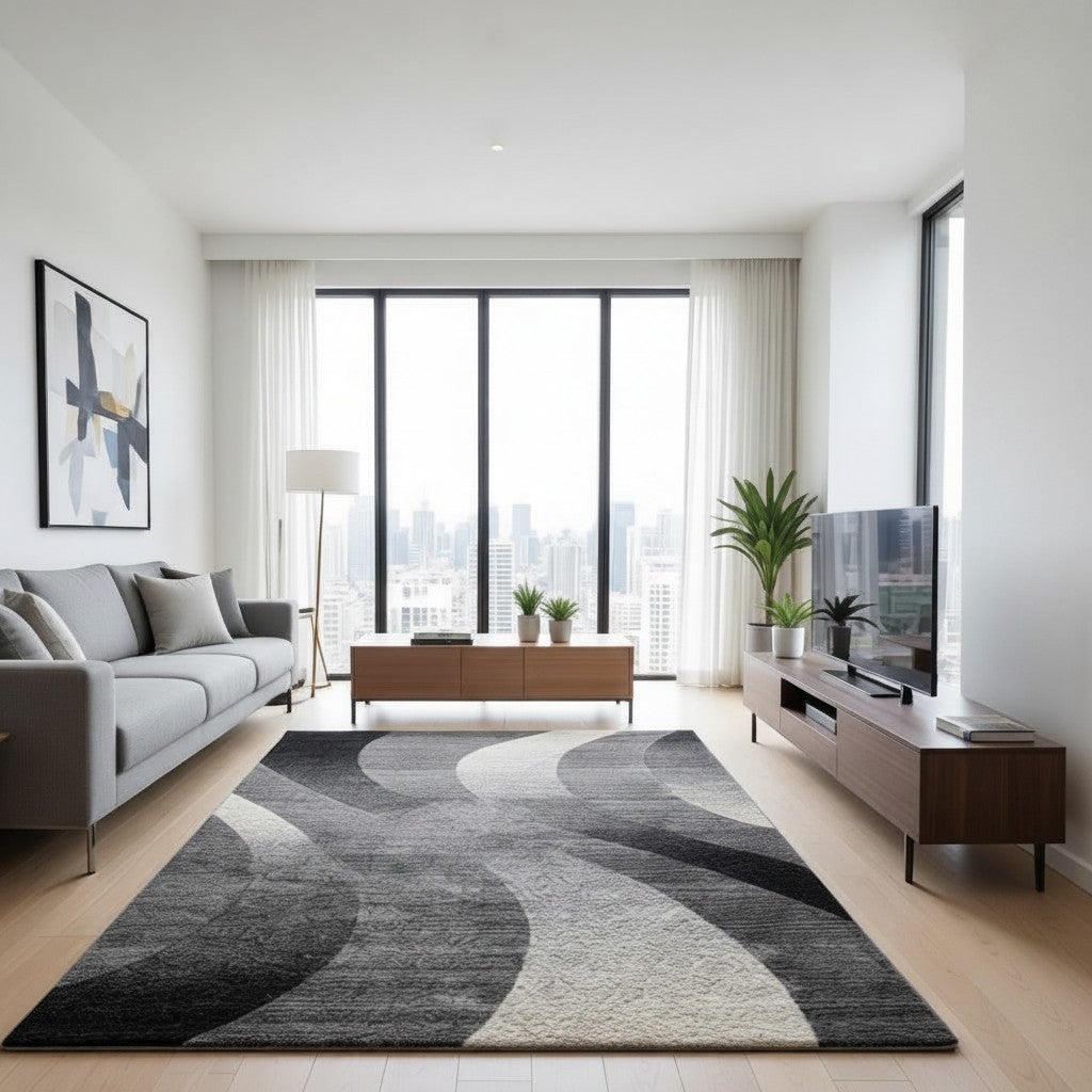 CarpetlyHome szürke hullámos mintás szőnyeg, 100% polipropilén, 12mm szálhossz, padlófűtéshez is alkalmas