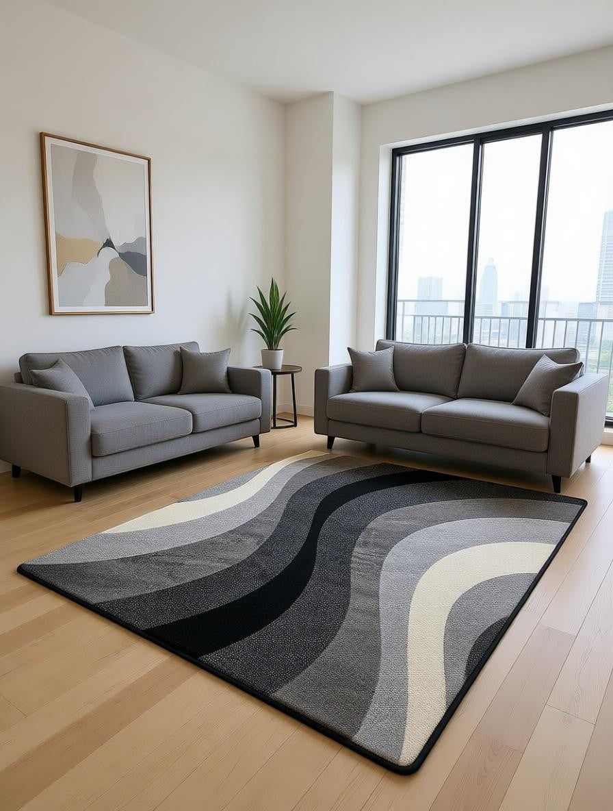 CarpetlyHome szürke, fekete és krémszínű hullámos mintás modern szőnyeg, 100% polipropilén, 12 mm szálmagasság
