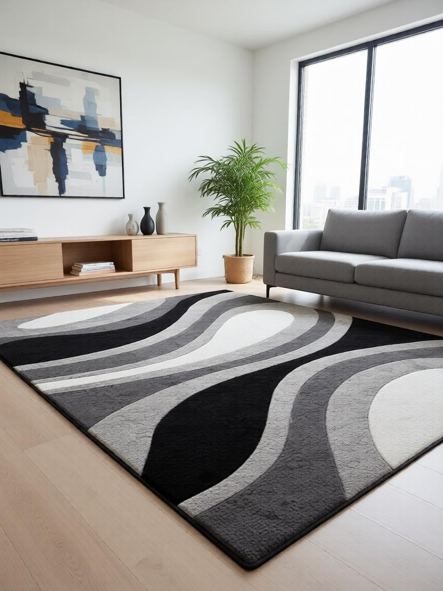 CarpetlyHome szürke, fekete és fehér hullám mintás modern szőnyeg, 100% polipropilén, 12 mm szálhossz.