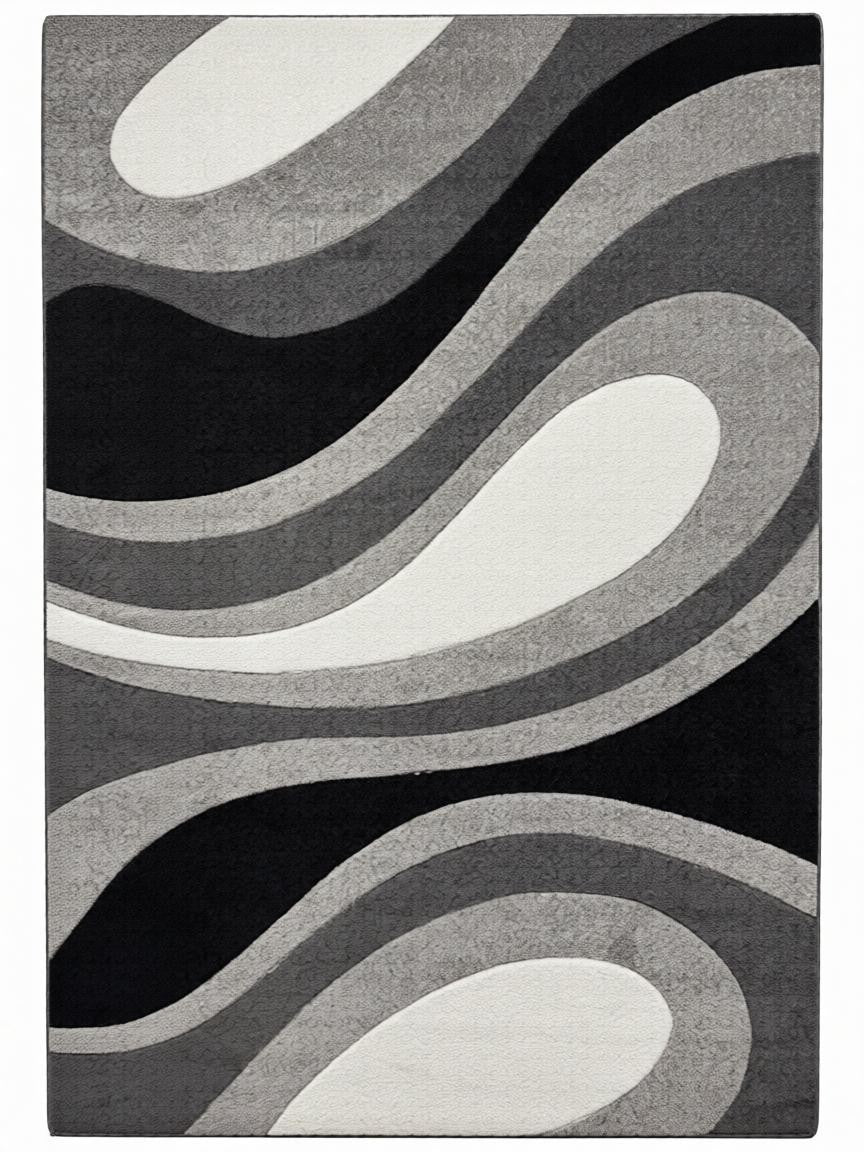 CarpetlyHome szürke, fekete és fehér hullám mintás modern szőnyeg, 100% polipropilén, 12 mm szálhossz.