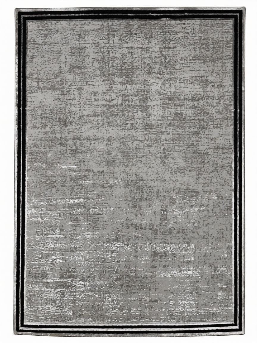 CarpetlyHome szürke kopott mintás modern szőnyeg, 100% polipropilén, 8 mm szálhossz, fekete kerettel.