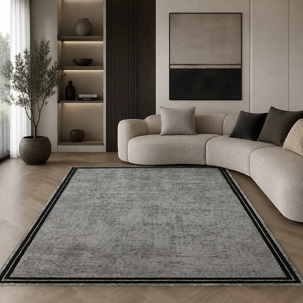CarpetlyHome szürke kopott mintás modern szőnyeg, fekete szegéllyel, 100% polipropilén, 8mm szálhossz.