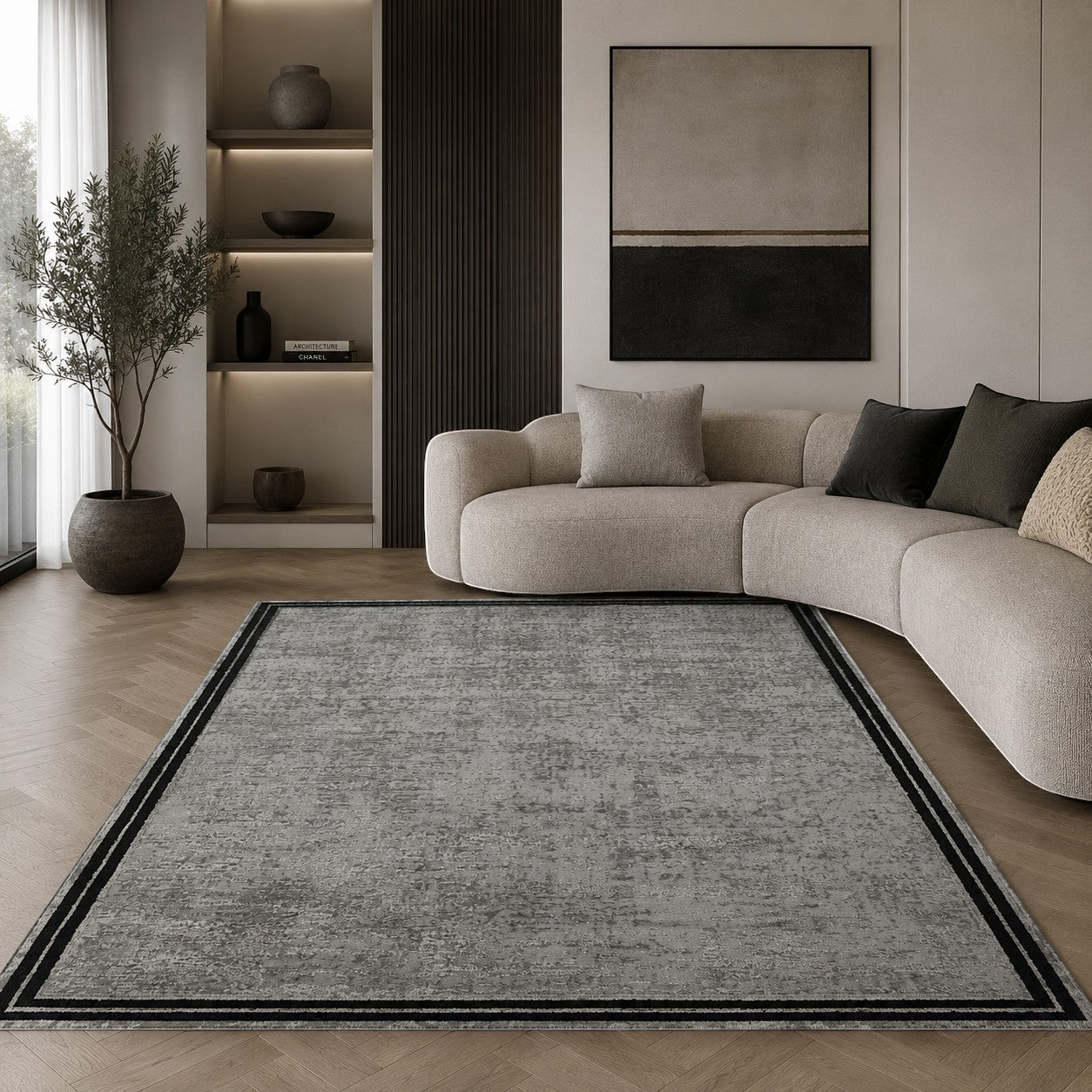 CarpetlyHome szürke kopott mintás modern szőnyeg, fekete szegéllyel, 100% polipropilén, 8mm szálhossz.