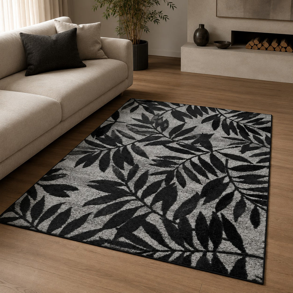 CarpetlyHome szürke levél mintás modern szőnyeg, 100% polipropilén, 10 mm szálhossz.