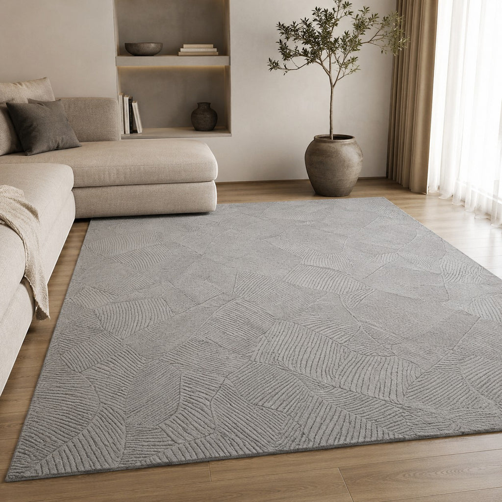 CarpetlyHome szürke levél mintás puha szőnyeg, 100% polipropilén, 8mm szálhossz, csúszásmentes.