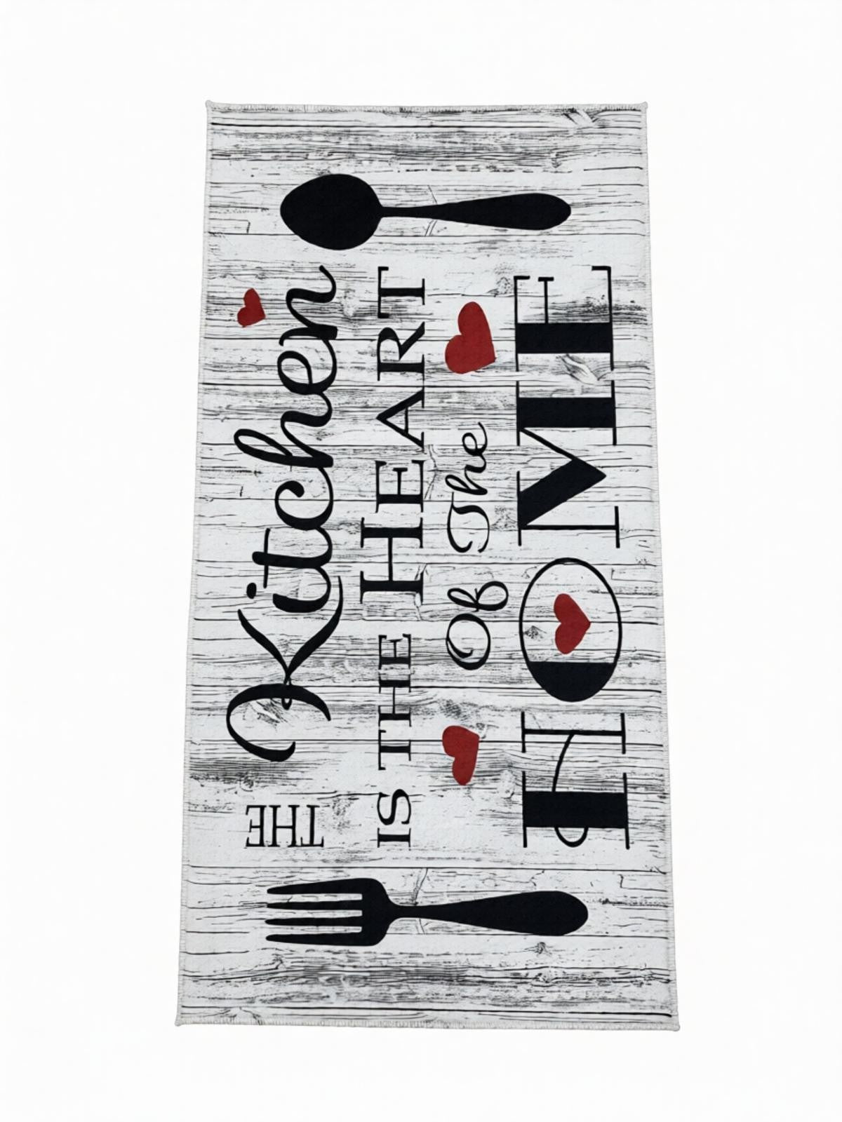 CarpetlyHome szürke mintás konyhai szőnyeg, "Kitchen is the HEART of the HOME" felirattal, evőeszközökkel, poliészterből.