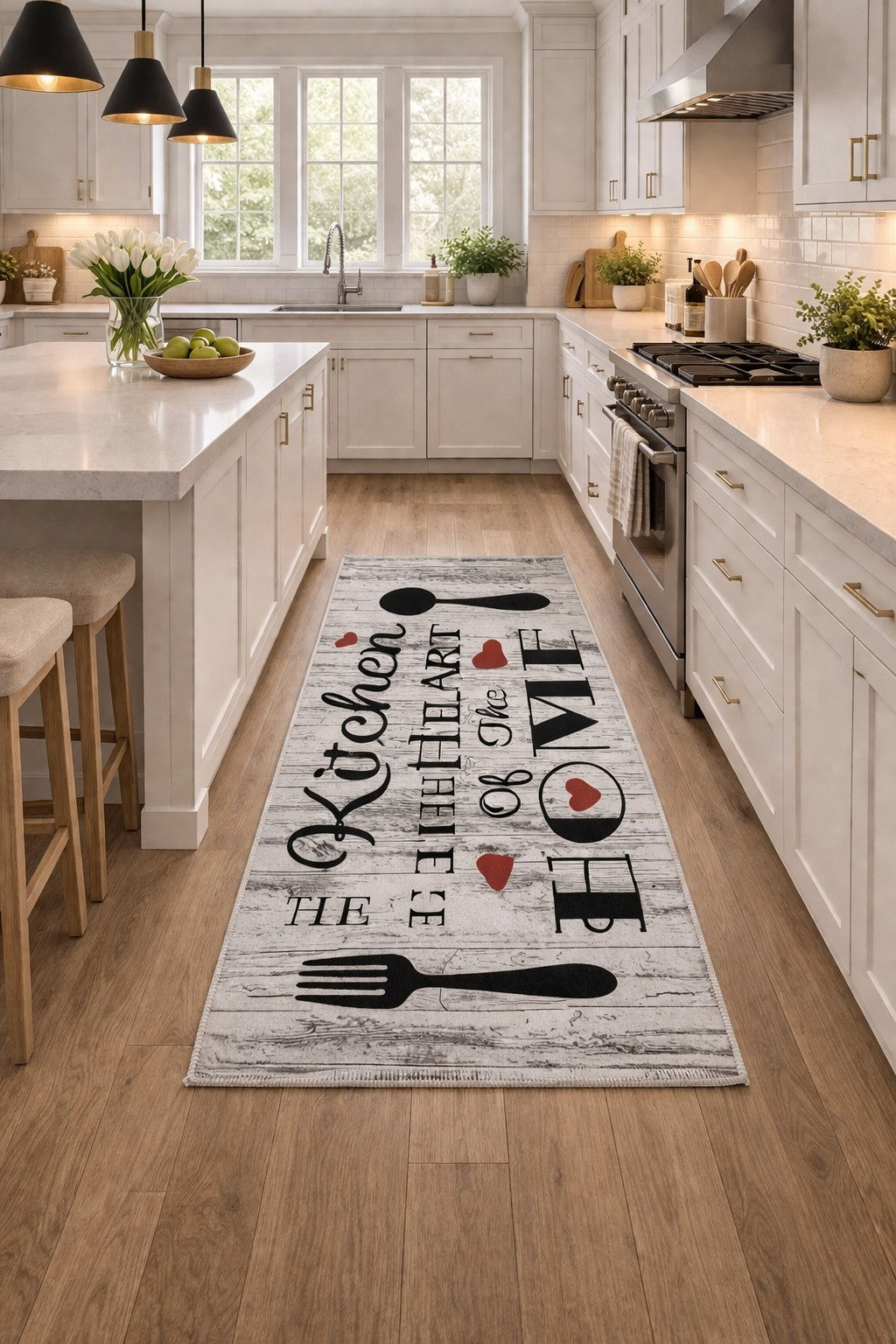 CarpetlyHome szürke mintás konyhai futószőnyeg, "Kitchen is the HEART of the HOME" felirattal, rusztikus fa mintával.