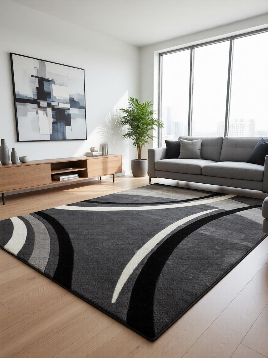 CarpetlyHome modern szürke mintás szőnyeg, absztrakt dizájnnal, 100% polipropilén, 12 mm szálhossz.