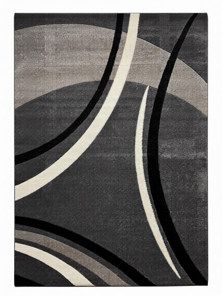 CarpetlyHome modern szürke mintás szőnyeg, absztrakt dizájnnal, 100% polipropilénből, 12 mm szálhosszúsággal.
