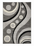 CarpetlyHome szürke mintás modern szőnyeg, absztrakt körökkel és hullámokkal, 100% polipropilén, 12 mm szálhossz.