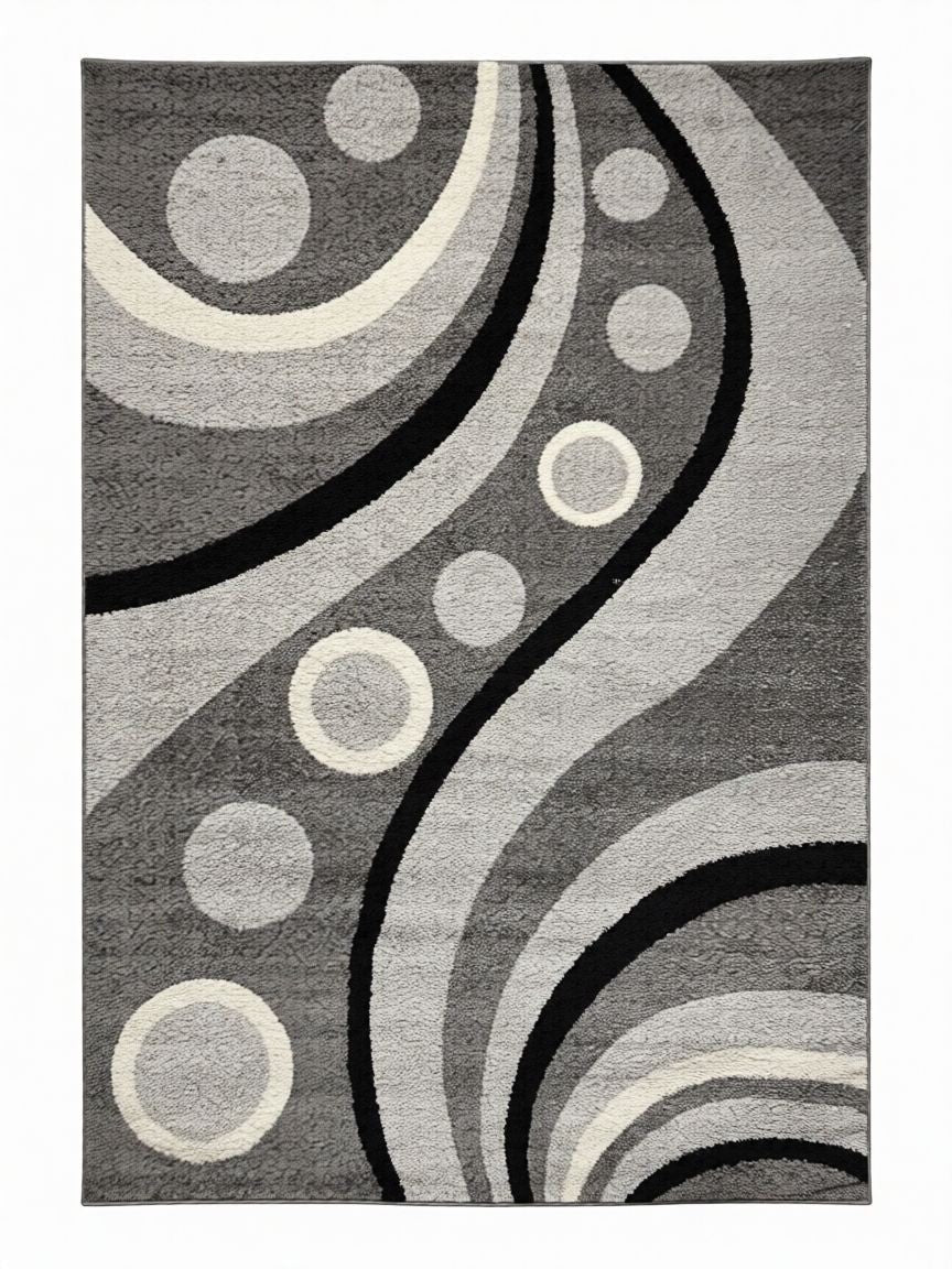 CarpetlyHome szürke mintás modern szőnyeg, absztrakt körökkel és hullámokkal, 100% polipropilén, 12 mm szálhossz.