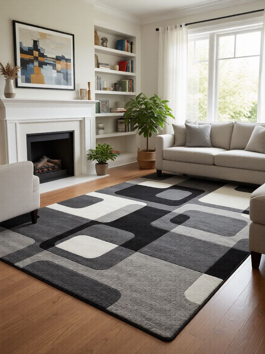 CarpetlyHome szürke, téglalap mintás, modern, 100% polipropilén szőnyeg, 12 mm szálhossz.