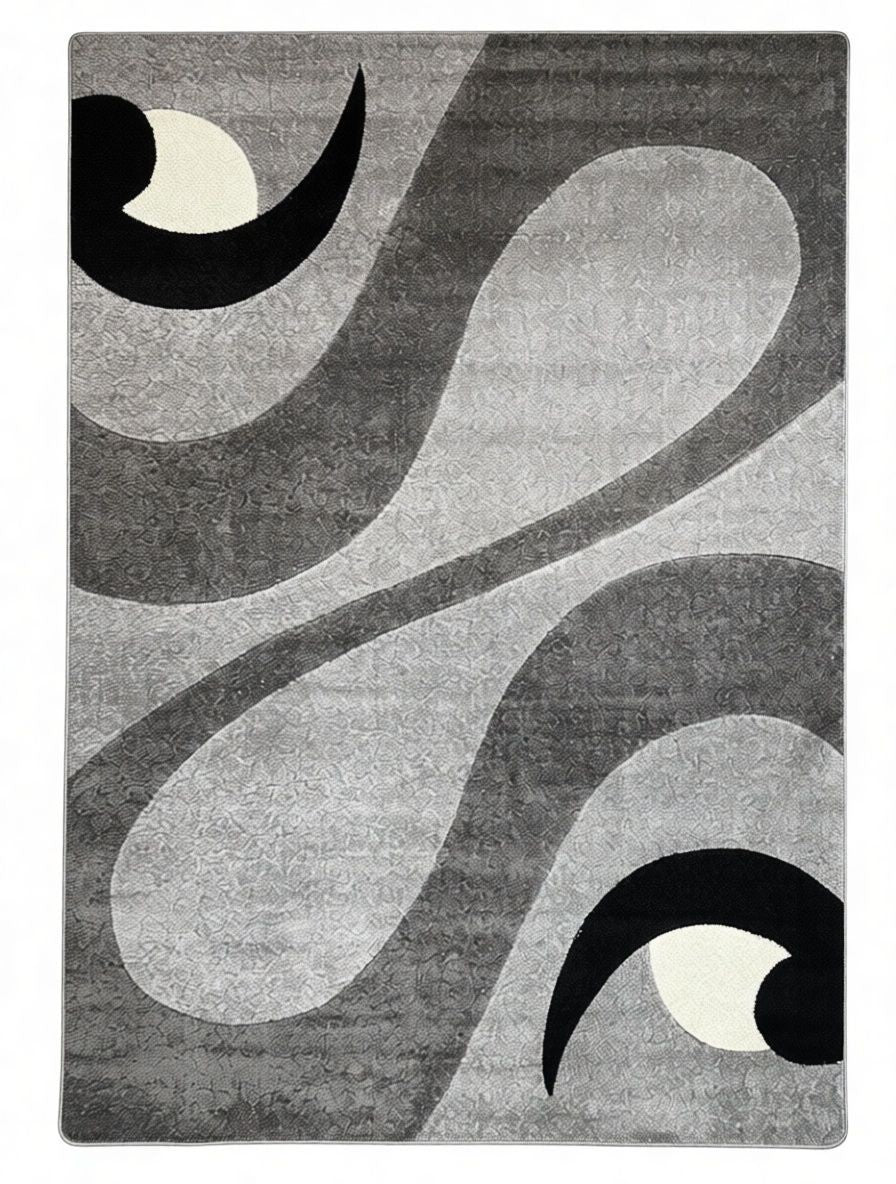 CarpetlyHome modern szürke, fekete és fehér geometriai mintás polipropilén szőnyeg. Puha, 12 mm szálhosszúságú.