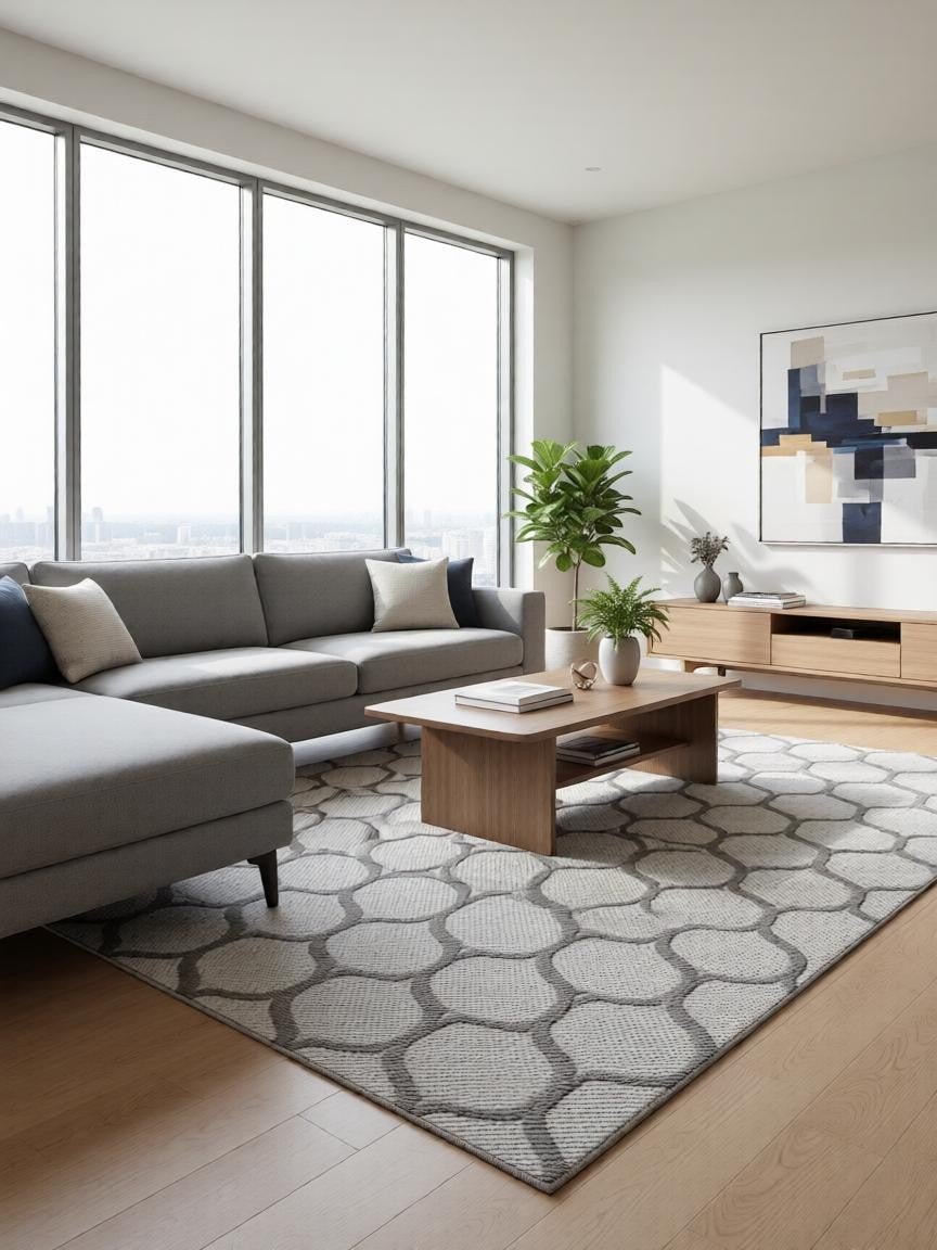 CarpetlyHome szürke, modern, geometrikus mintás szőnyeg, 100% polipropilén, 12 mm szálhossz.
