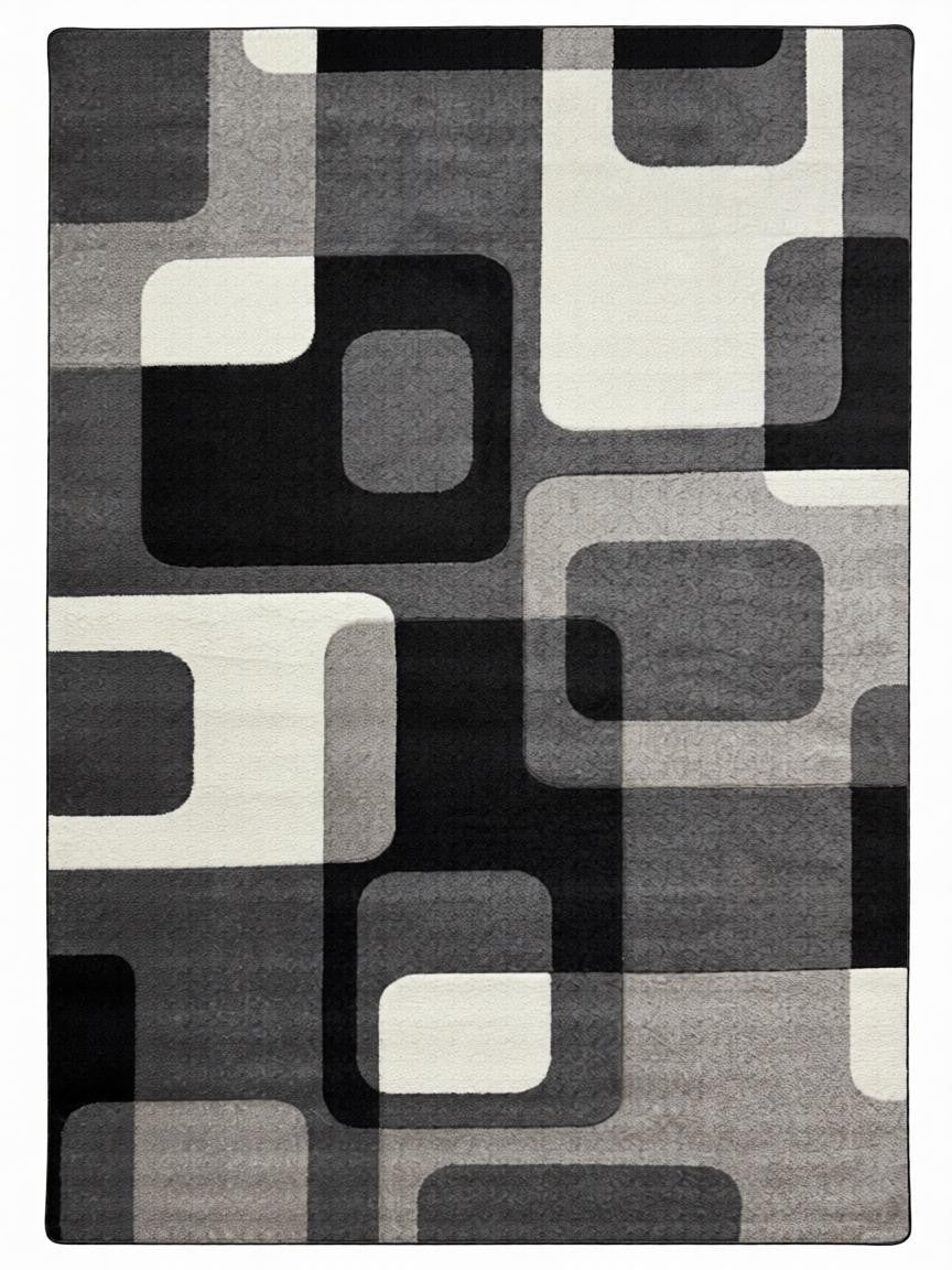 CarpetlyHome szürke, téglalap mintás, modern, 100% polipropilén szőnyeg, 12 mm szálhosszúság, padlófűtéshez is alkalmas.