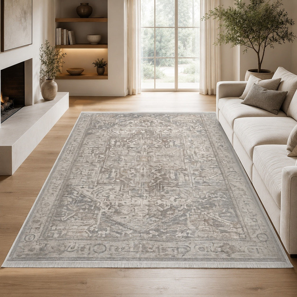 CarpetlyHome szürke, klasszikus perzsa mintás polipropilén szőnyeg elegáns nappaliban, 12 mm szálhosszúsággal.