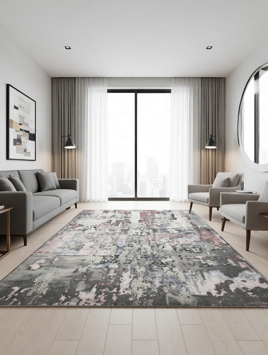 CarpetlyHome modern absztrakt mintás szőnyeg szürke, rózsaszín és krémszín árnyalatokban, 100% polipropilénből.