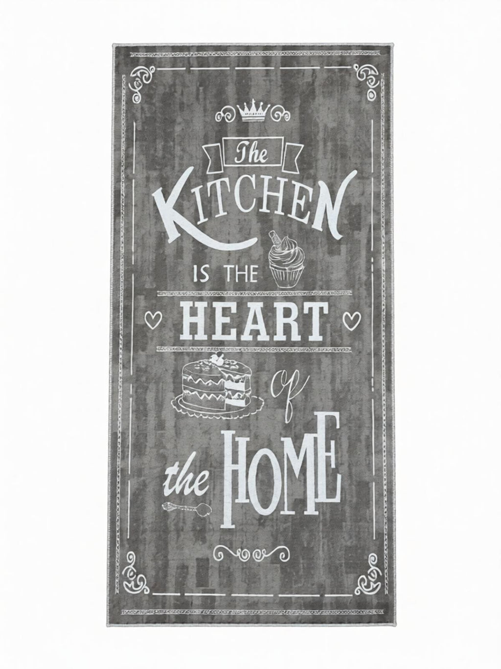 CarpetlyHome szürke, vintage mintás konyhai futószőnyeg "The Kitchen is the Heart of the Home" felirattal, torta és muffin grafikával.