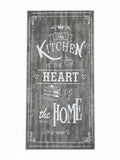 CarpetlyHome szürke, vintage mintás konyhai futószőnyeg "The Kitchen is the Heart of the Home" felirattal, torta és muffin grafikával.
