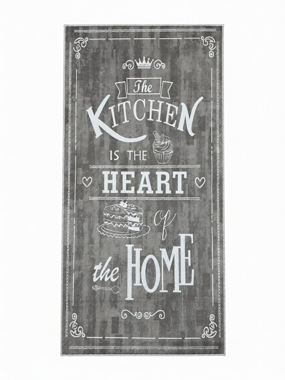 CarpetlyHome szürke, vintage mintás konyhai futószőnyeg "The Kitchen is the Heart of the Home" felirattal, torta és muffin grafikával.