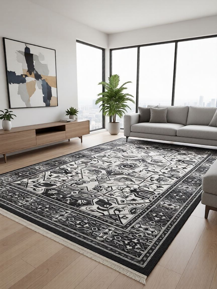 CarpetlyHome szürke, vintage, perzsa mintás, klasszikus szőnyeg, bársony textúrával, rojtokkal. 100% polipropilén.