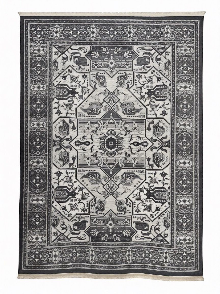 CarpetlyHome szürke bársony perzsa mintás klasszikus szőnyeg, 7 mm szálhossz, 1,5 kg/m², rojtokkal