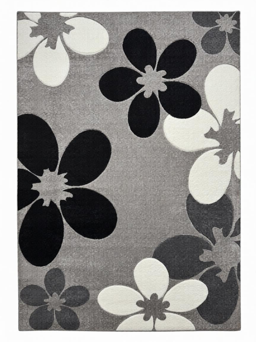 CarpetlyHome szürke virágmintás modern szőnyeg, 100% polipropilén, 12 mm szálhossz.