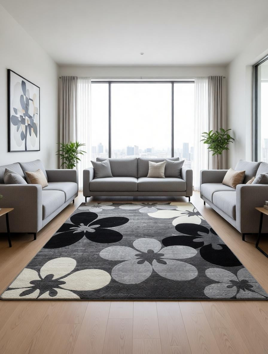 CarpetlyHome virágmintás szőnyeg, szürke, fekete, fehér virágokkal, modern nappaliba