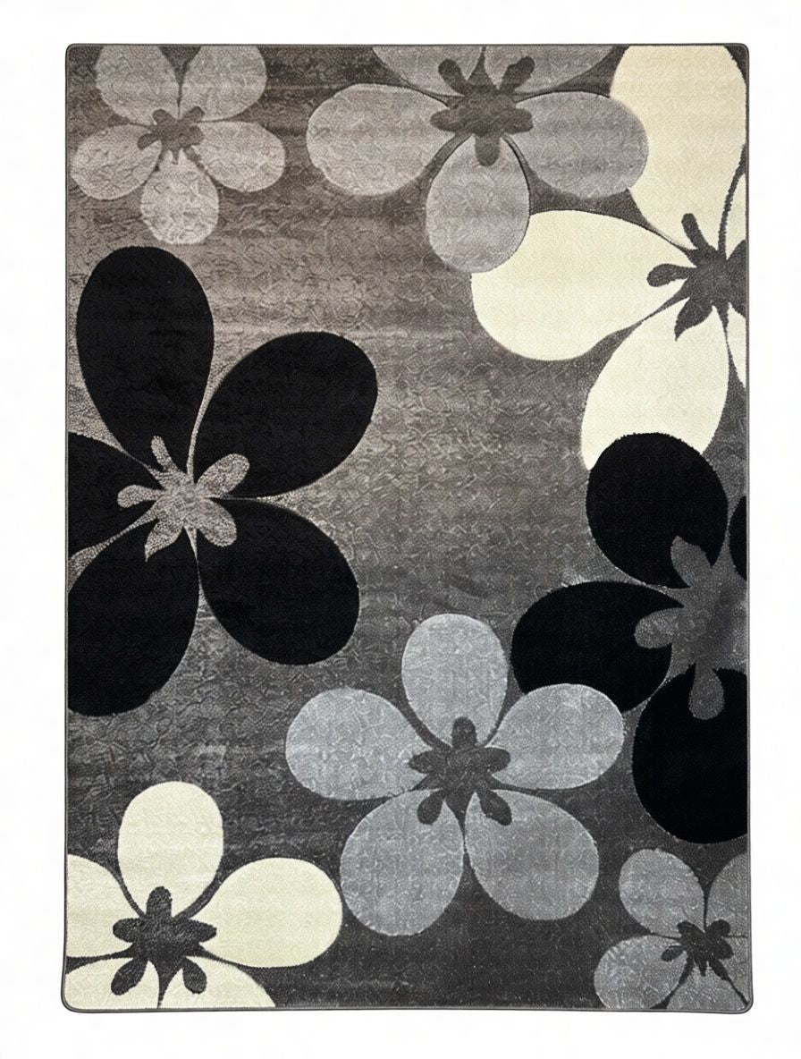 CarpetlyHome virágmintás szőnyeg, szürke, fekete, fehér, modern dizájn, 100% polipropilén, 12mm szálhossz.
