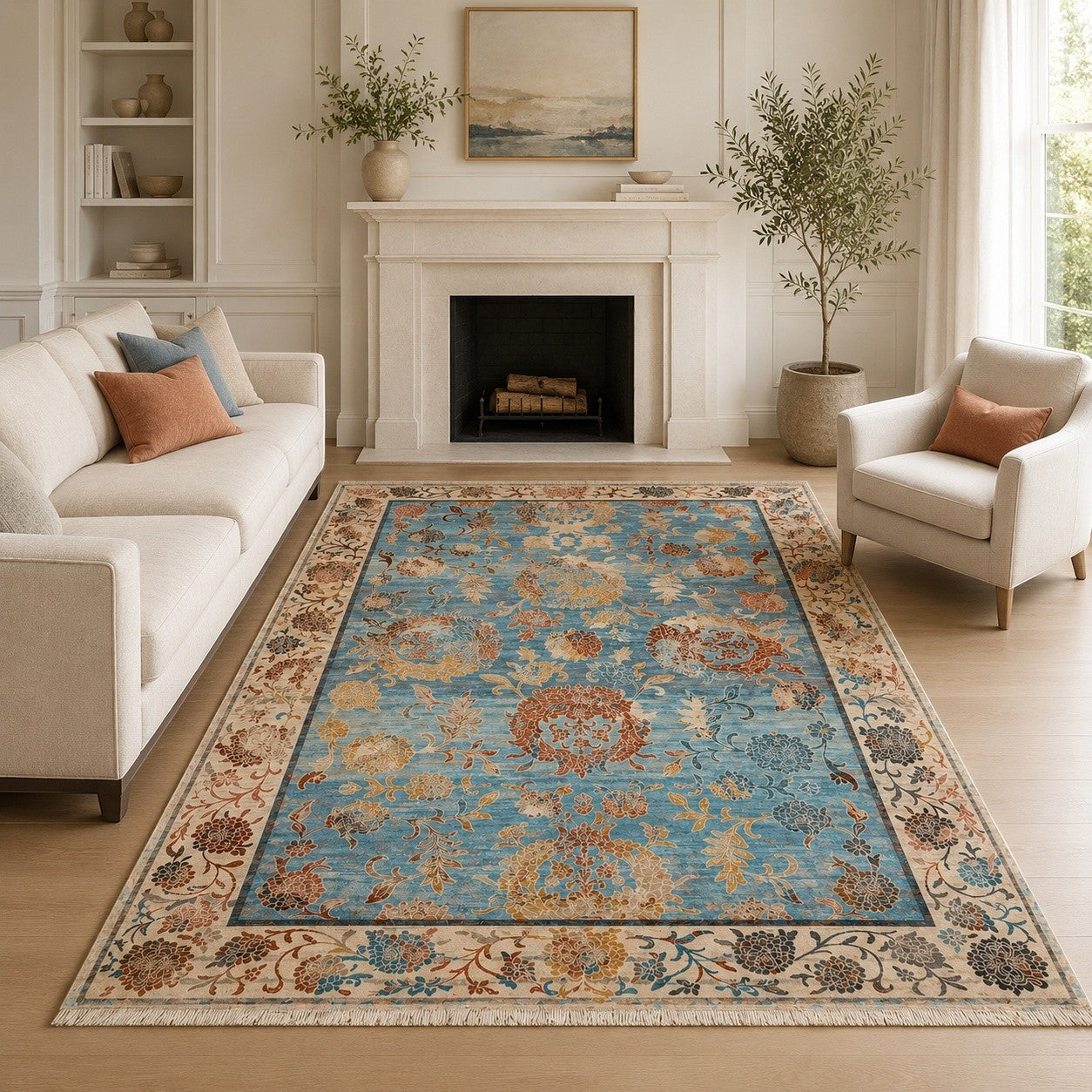 CarpetlyHome Tebriz perzsa stílusú többszínű szőnyeg elegáns virágmintával, nappali enteriőrben elhelyezve.