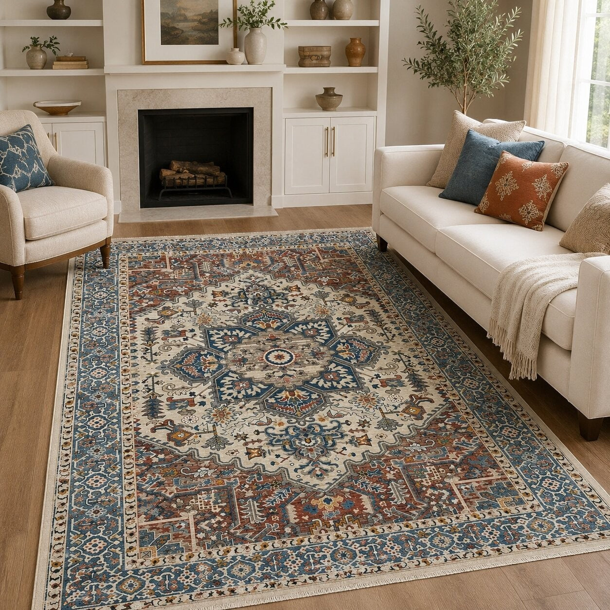 CarpetlyHome Tebriz perzsa stílusú többszínű szőnyeg klasszikus mintával, nappali enteriőrben elhelyezve.