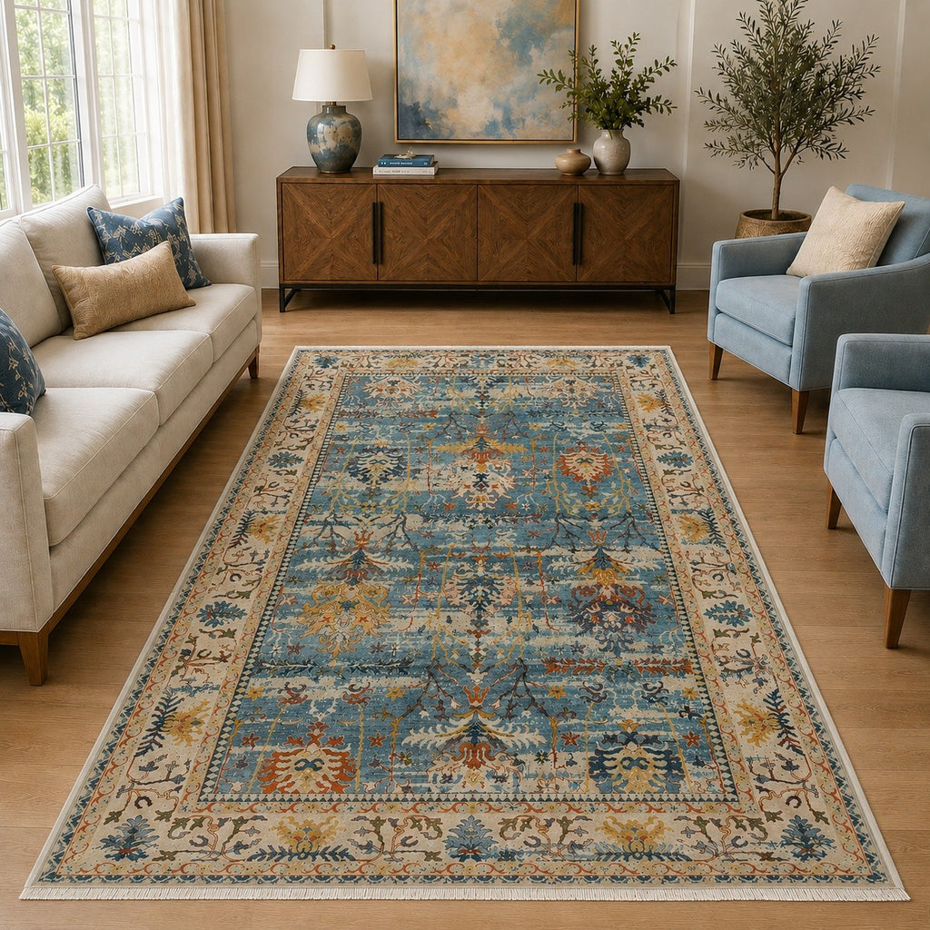 CarpetlyHome Tebriz perzsa stílusú szőnyeg kék és bézs színű, részletgazdag klasszikus mintázattal nappaliban