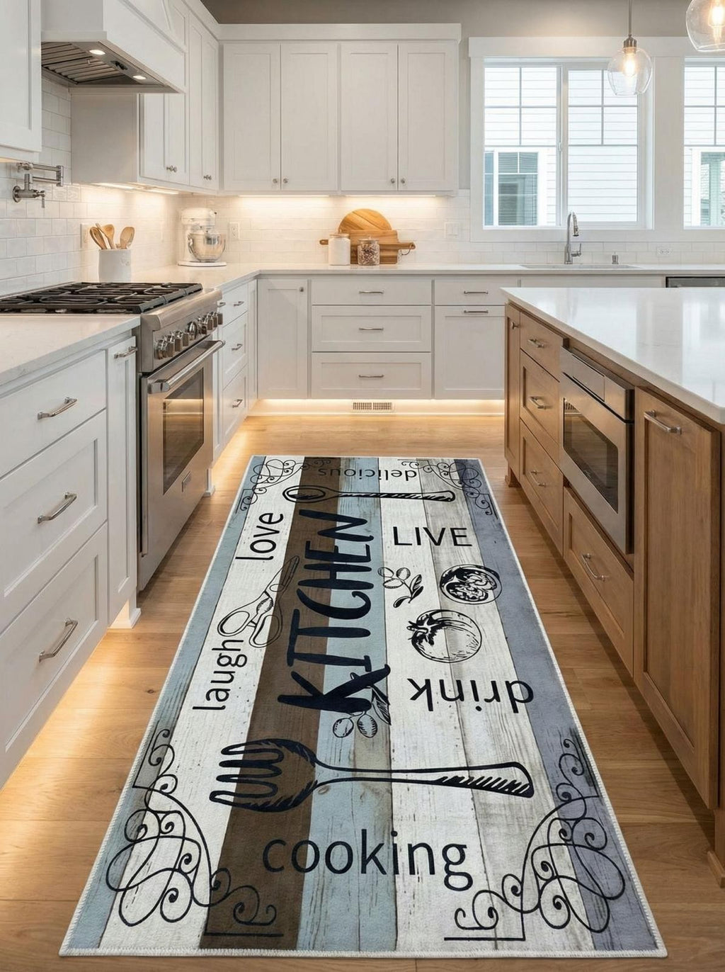 CarpetlyHome többszínű konyhai futószőnyeg, "KITCHEN" felirattal, rusztikus fa mintával, poliészterből.