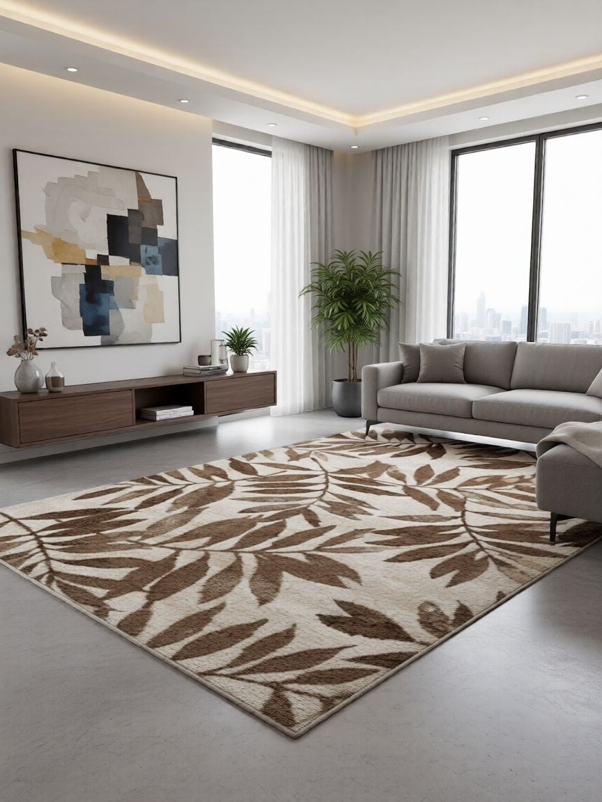 CarpetlyHome barna-bézs levélmintás modern szőnyeg, 100% polipropilén, 10 mm szálhossz.