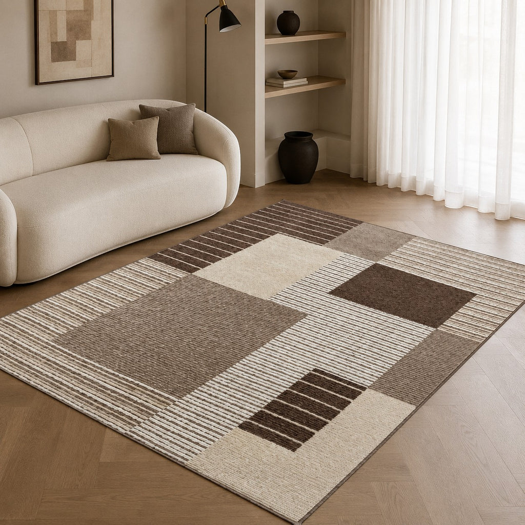 CarpetlyHome barna-bézs patchwork geometrikus mintás modern szőnyeg, 100% polipropilén, 10 mm szálhossz.