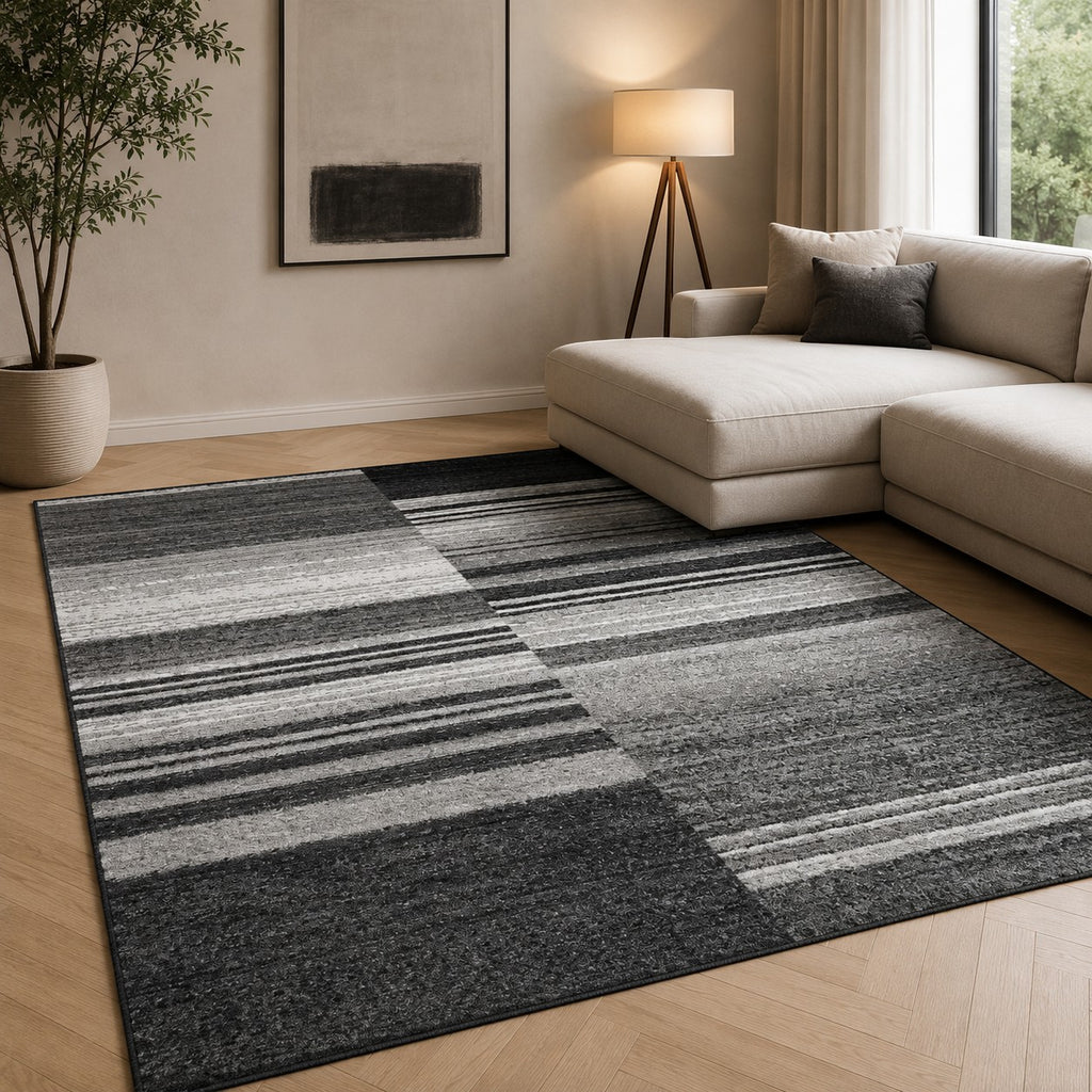 CarpetlyHome Torino szürke csíkos mintás modern szőnyeg, 100% polipropilén, 10 mm szálhossz.