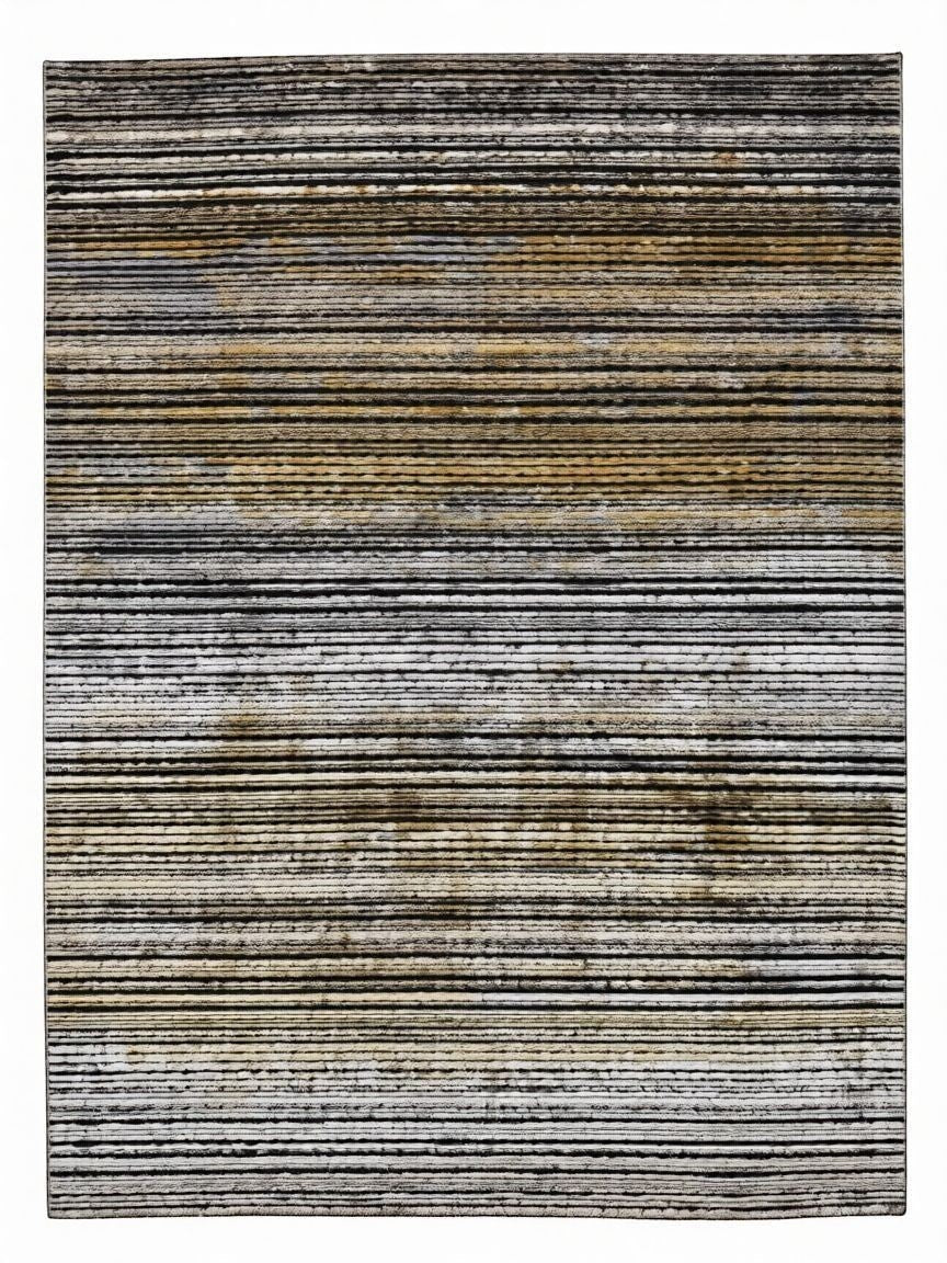 CarpetlyHome Toscana többszínű csíkos modern szőnyeg, fekete, fehér, szürke és okkersárga árnyalatokkal, 8 mm szálhosszúság.